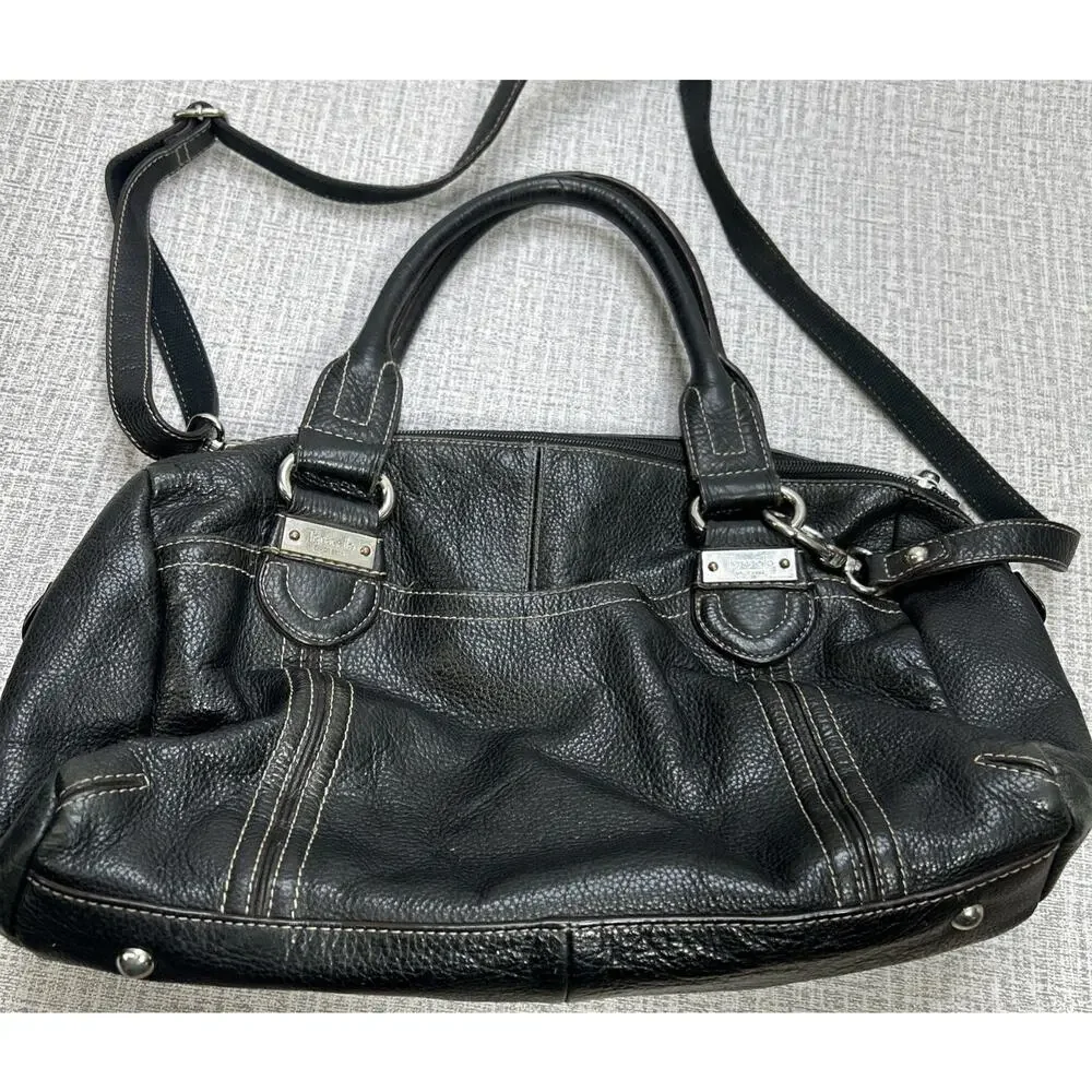 Y2K Tignanello Shoulder Bag Black Pebbled Leather Double Handle Crossbody Strap